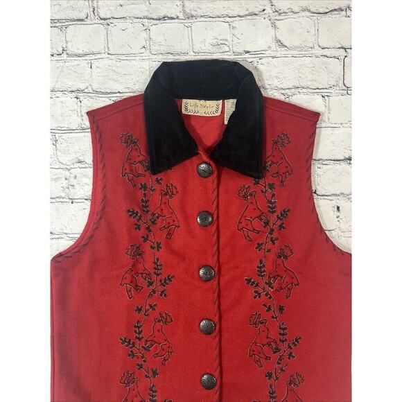 Vintage Life Style Classic Vest Red Embroidered Reindeer Button Wool Christmas - Picture 4 of 11